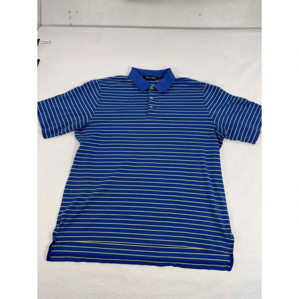 Polo Golf Ralph Lauren Mens Large Blue Yellow Striped Pima Cotton Polo Shirt